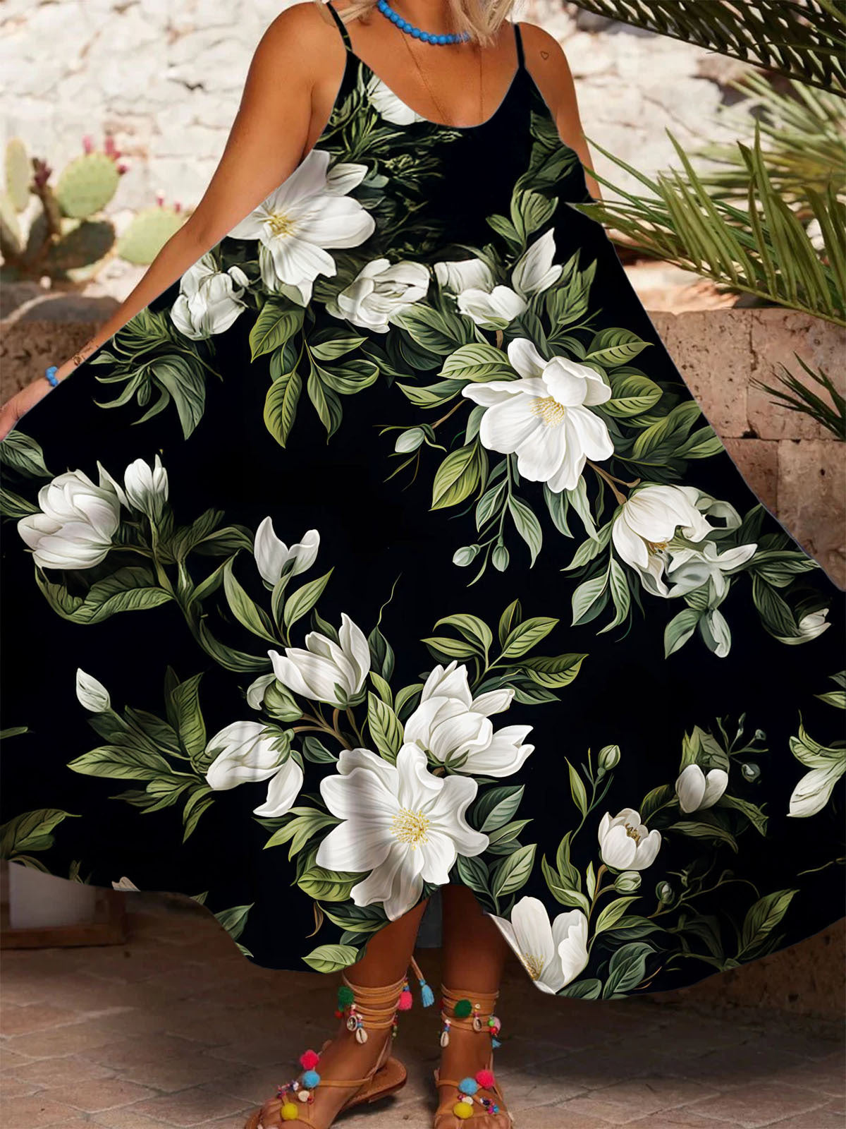 Women's Green Flowers Printed Casual Spaghetti Strap Dress