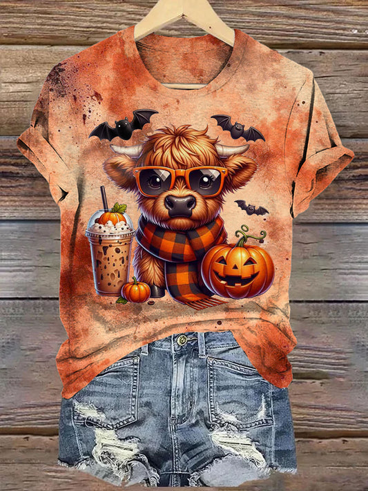 Women's Autumn Pumpkin Vintage Distressed Print Short Sleeve T-Shirt