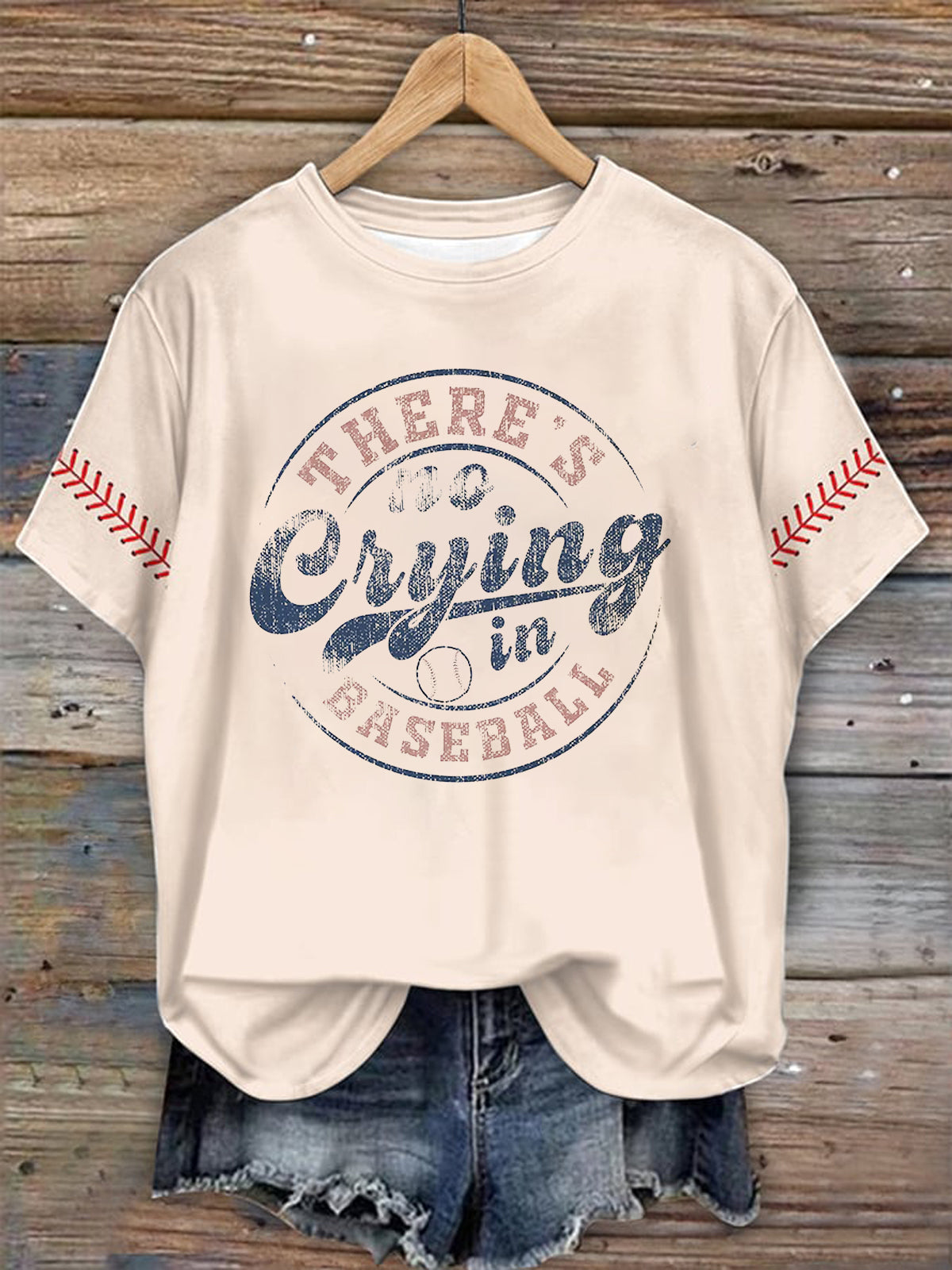 Retro Baseball Textured Print Crew Neck T-shirt