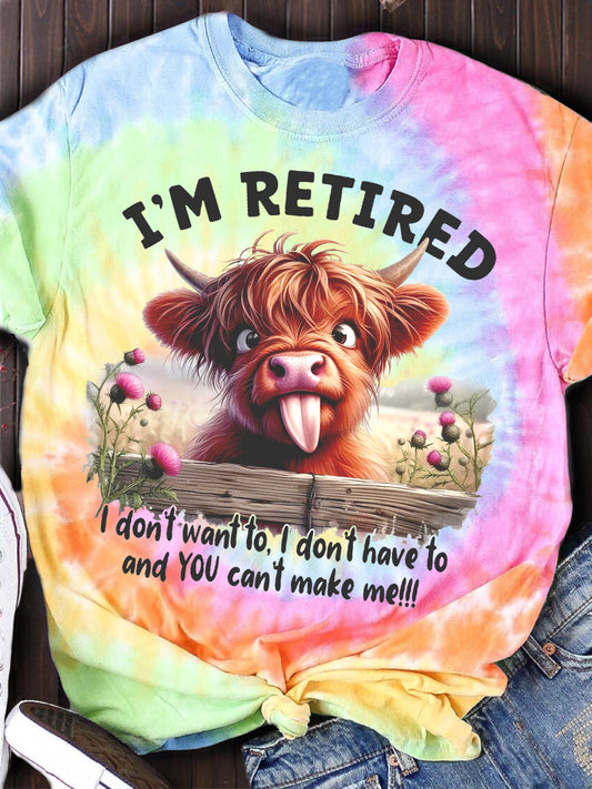 Funny Cow I'm Retired Slogan Crew Neck T-shirt