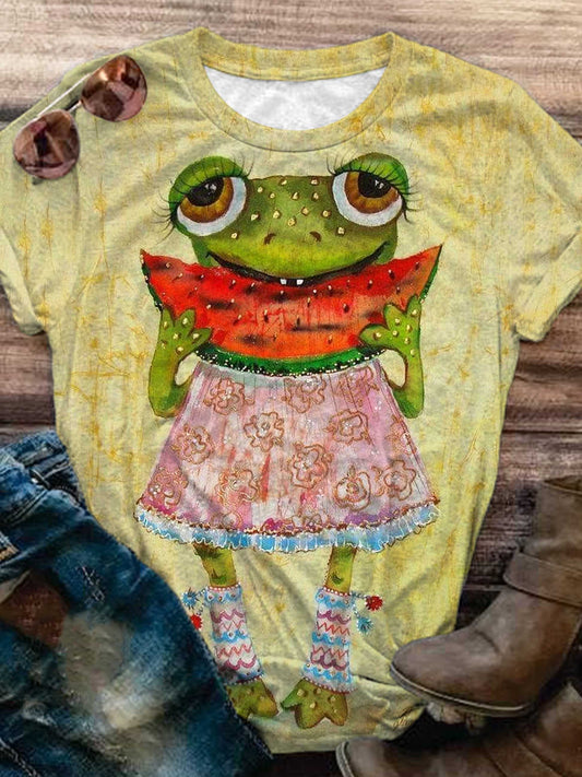 Retro Frog Print Crew Neck T-Shirt