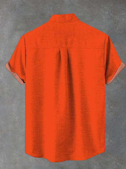 Orange-Red Cute Curious Kitten Printing Breast Pocket Cotton Linen Short Sleeve Shirt