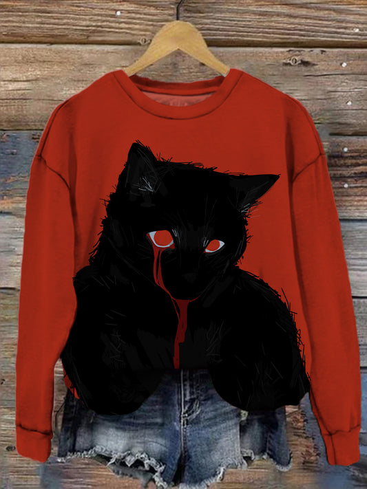 Women's Halloween Cat Fun Print Casual Long Sleeve Top