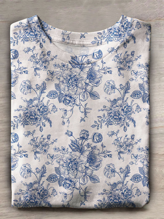 Blue Floral Vintage Casual Short Sleeve Top