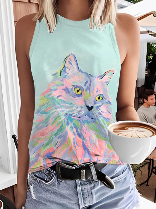 Women's Summer Vacation Cat Print Top T-Shirt