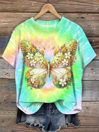 Colorful Butterfly And Flower Tie Dye Crew Neck T-shirt