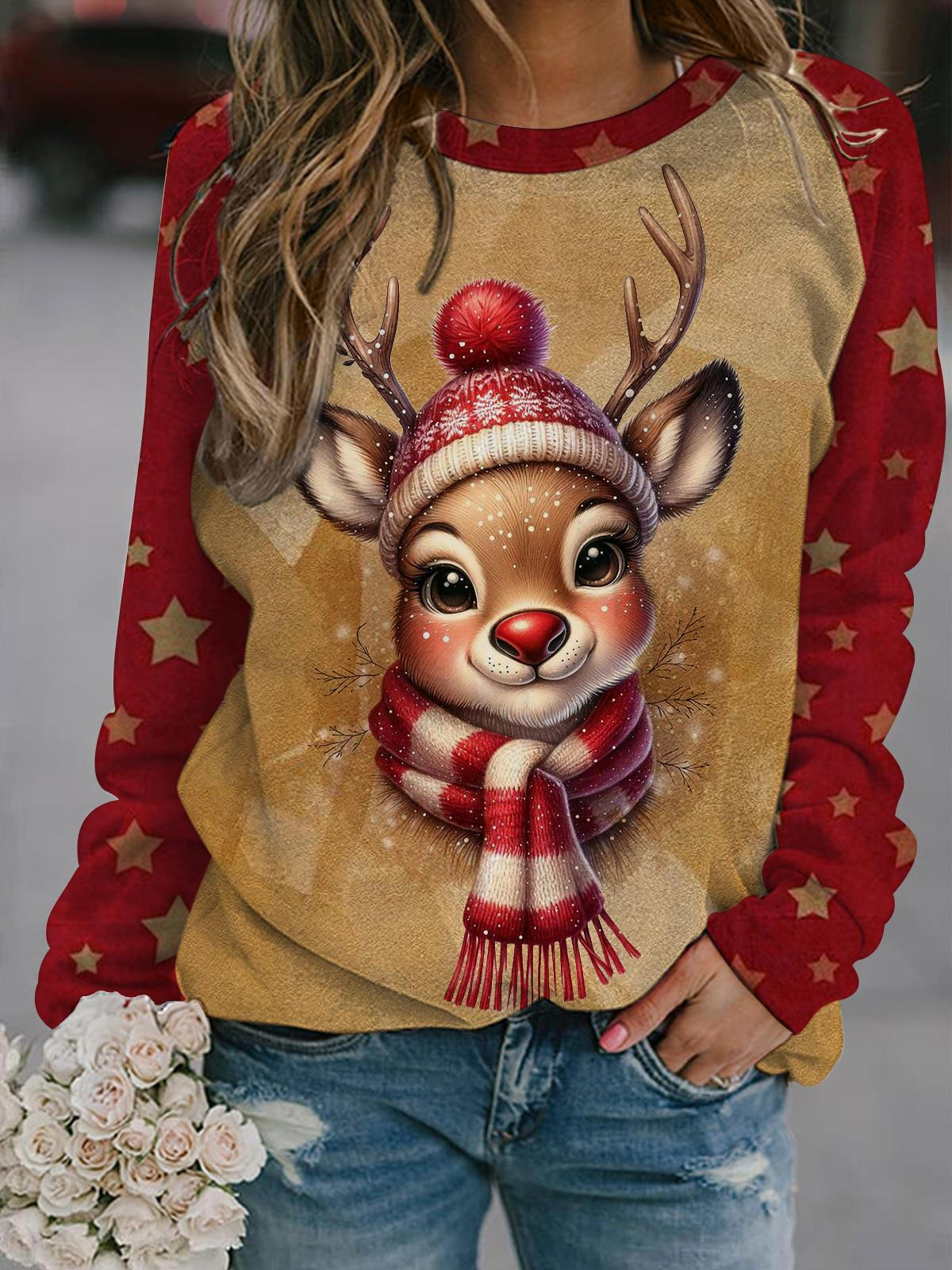 Women's Christmas Elk Winter Vintage Print Long Sleeve Top