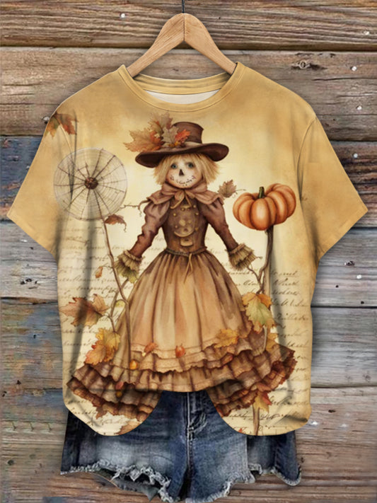 Autumn Scarecrow Print Casual Short Sleeve Top