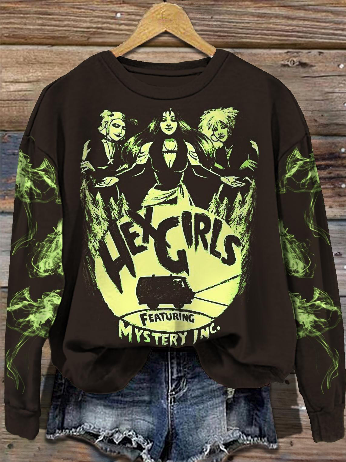 Women's Halloween Witch's Curse Printed Round Neck Long Sleeve Top