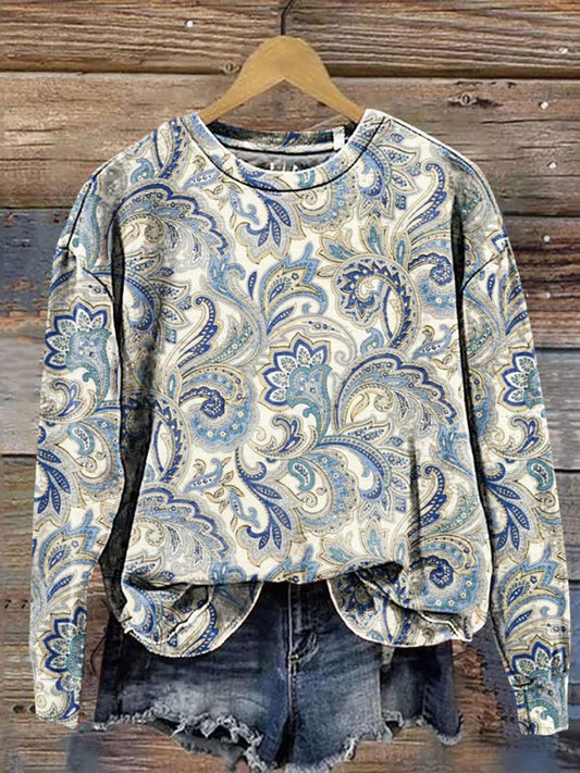 Retro Ethnic Pattern Printed Long Sleeve Casual Top