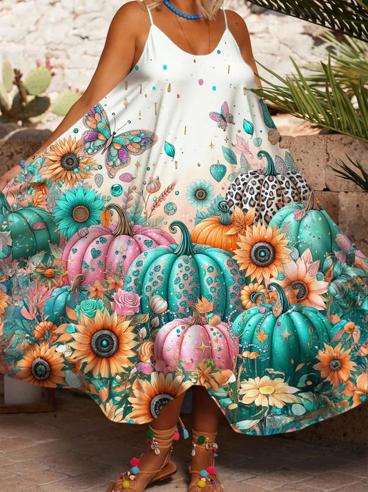 Women's Pink Pumpkin Printed Casual Spaghetti Strap Dress