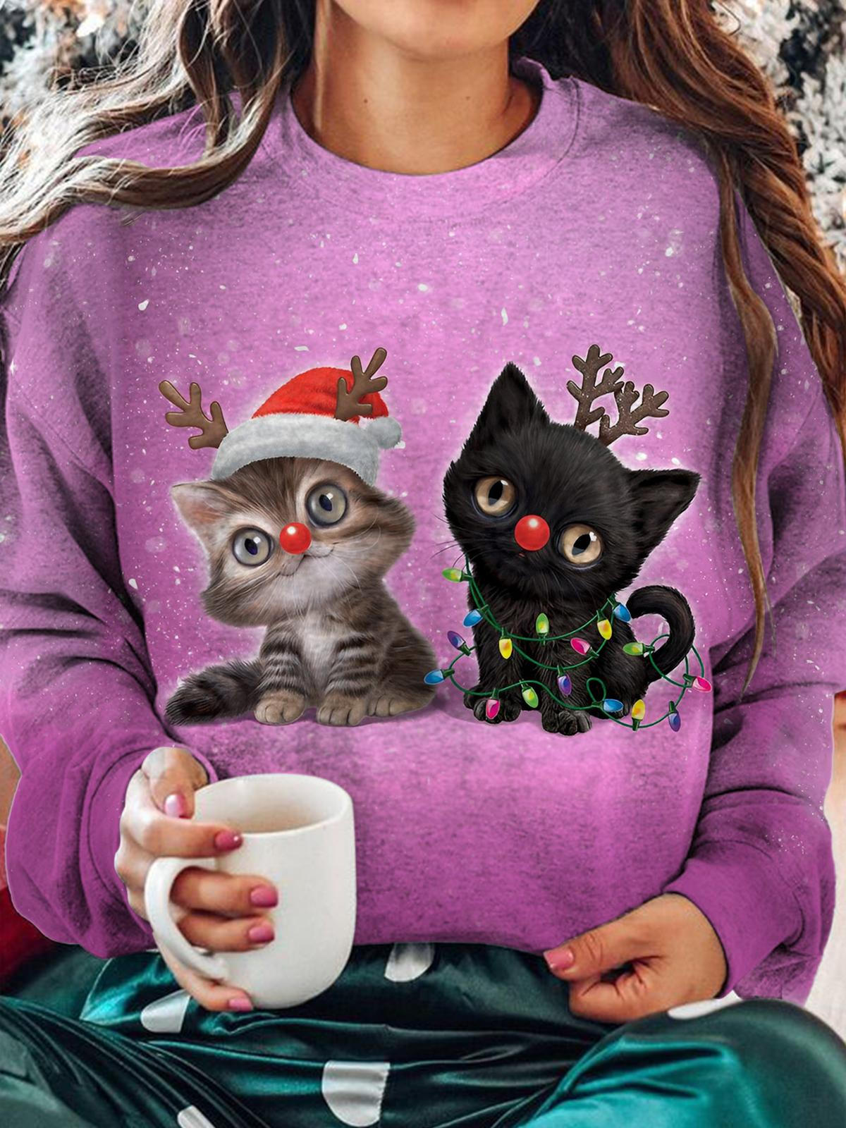 Christmas Cat Printed Long Sleeve Casual Top