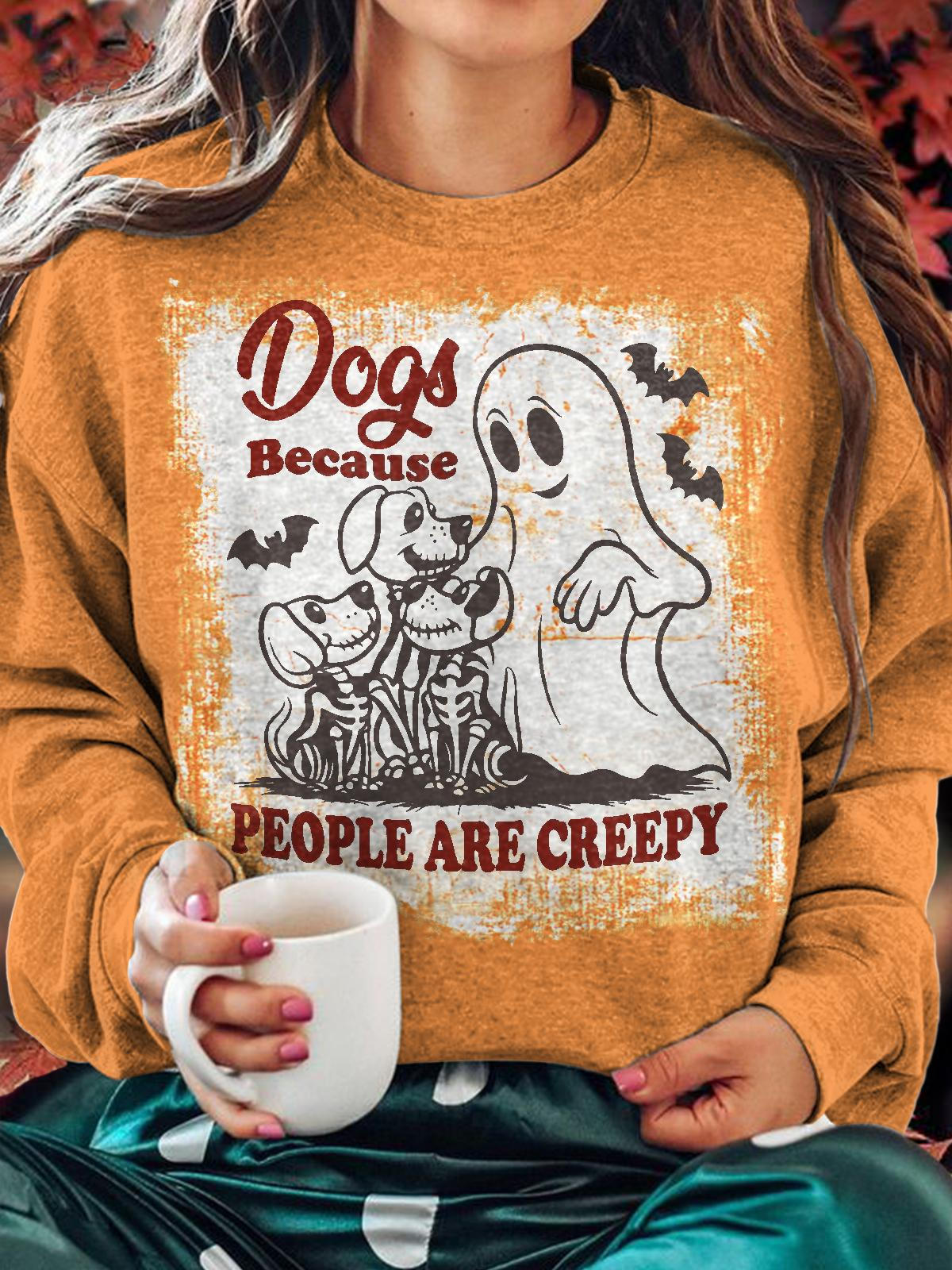 Women's Horror Spooky Retro Halloween Dog Mom Round Neck Long Sleeve Top