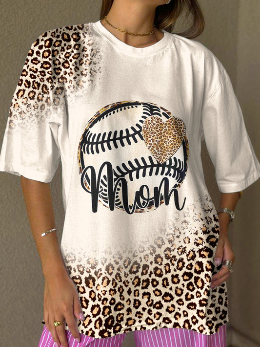 Leopard Retro Baseball Print Crew Neck T-shirt