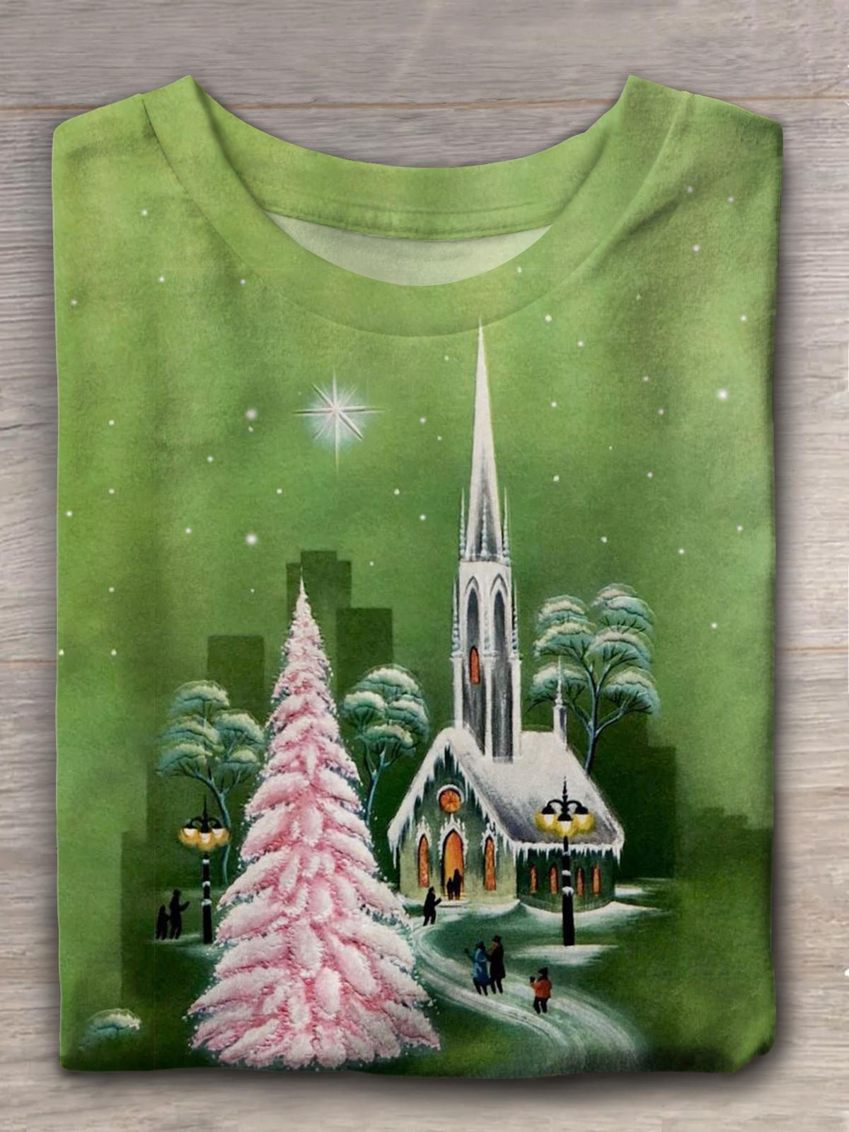 Glittery Snowy Church Crew Neck T-shirt