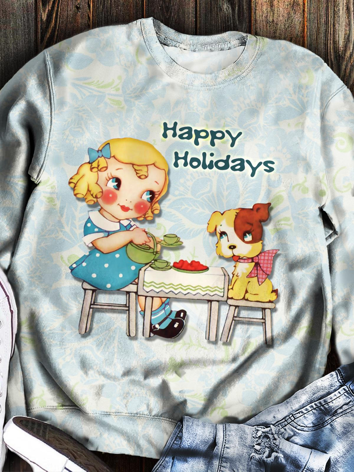 Women's Happy Holidays Greeting Card Print Long Sleeve Top