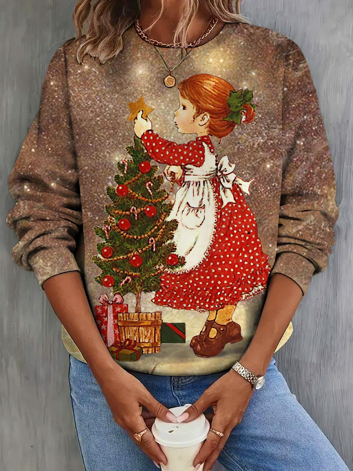 Christmas Girls Starry Sky Retro Print Long Sleeve Top