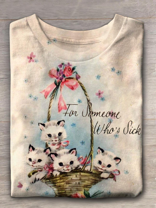 For Someone What's Sick Retro Cat Print Casual T-Shirt