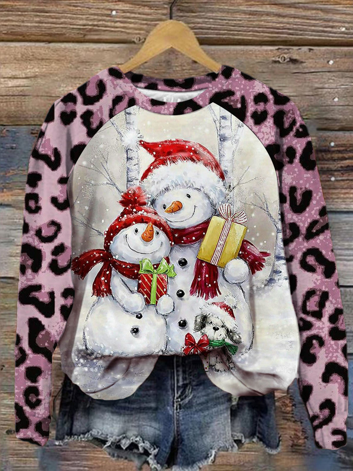 Women's Christmas Snowman Forest Print Casual Long Sleeve Top