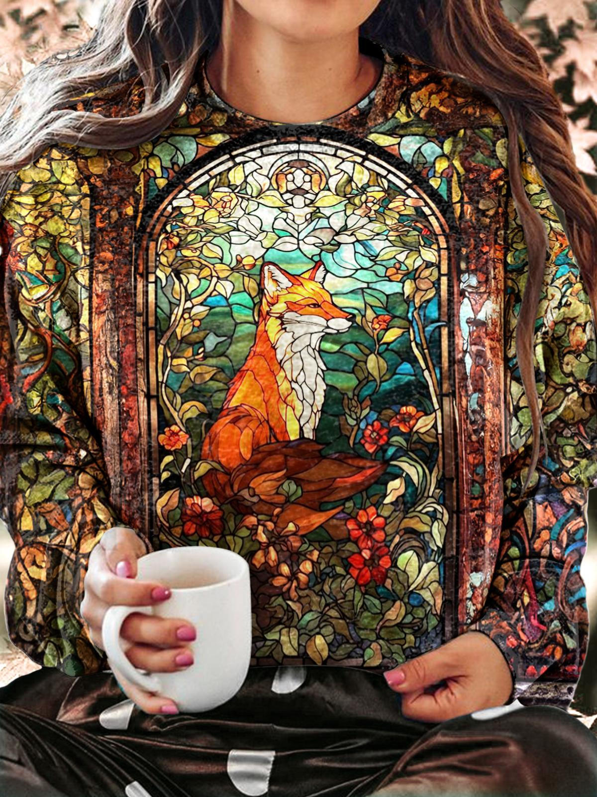 Women's Winter Fox Baroque Colorful Printed Crew Neck Casual Sweatshirt