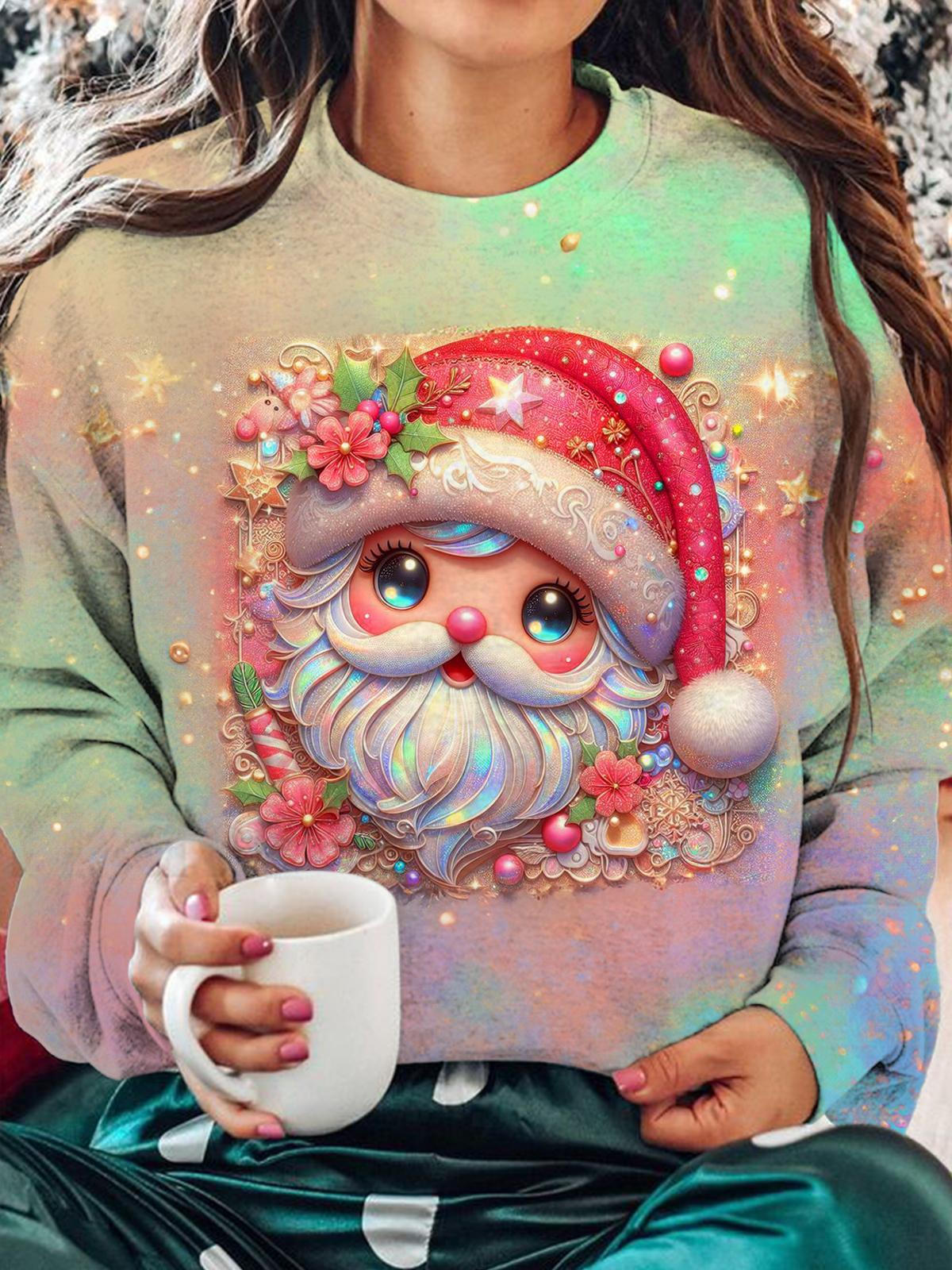 Women's Cute Santa Claus Print Long Sleeve Top