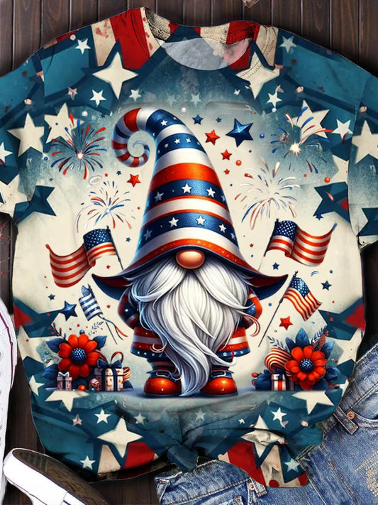 American Flag Gnome Print Casual Short Sleeve Top