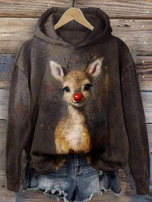 Christmas Cute Elk Hand Painte Retro Print Long Sleeve Top