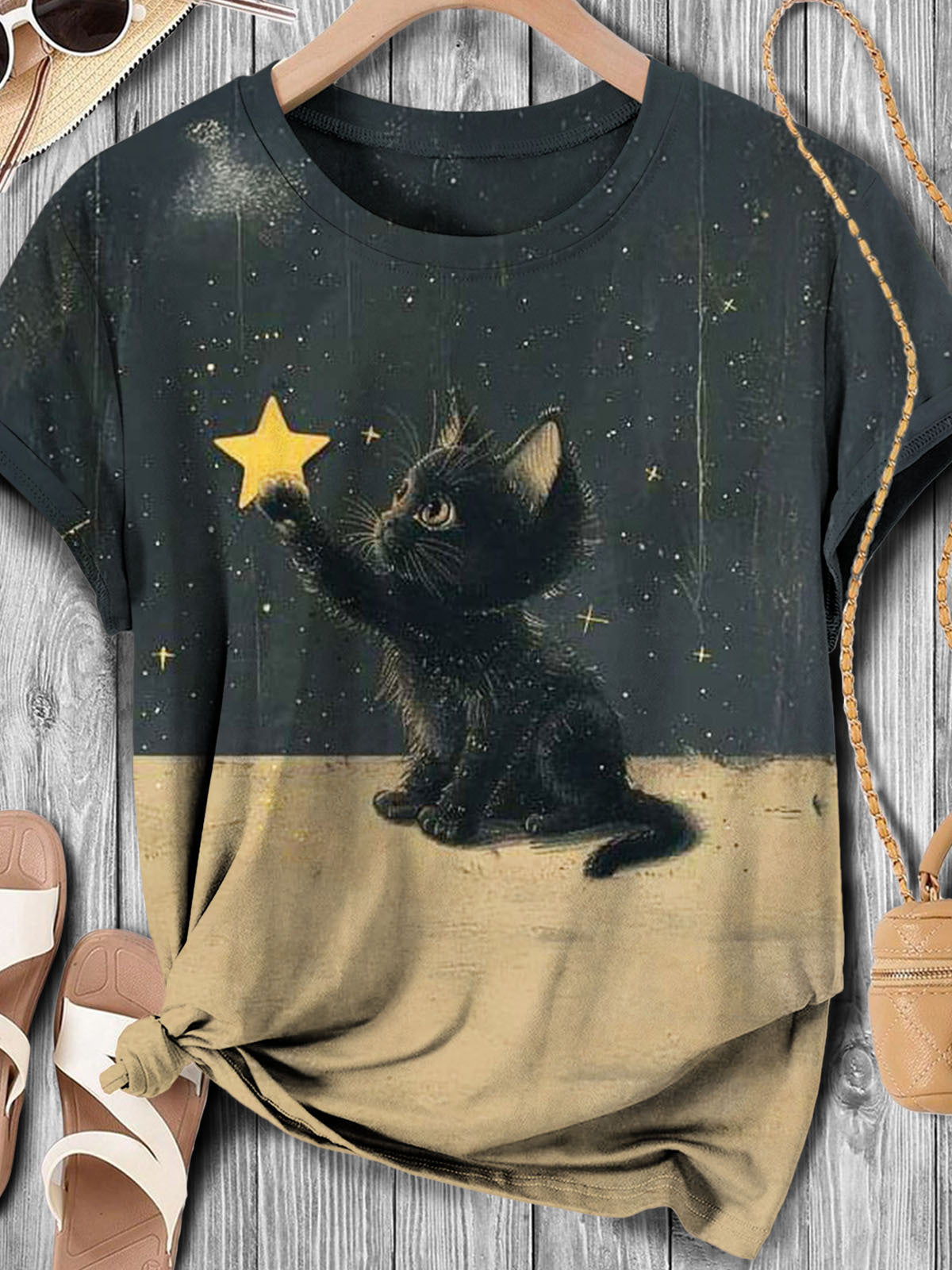 Women's Cute Cat Star Magic Retro Print Casual T-shirt