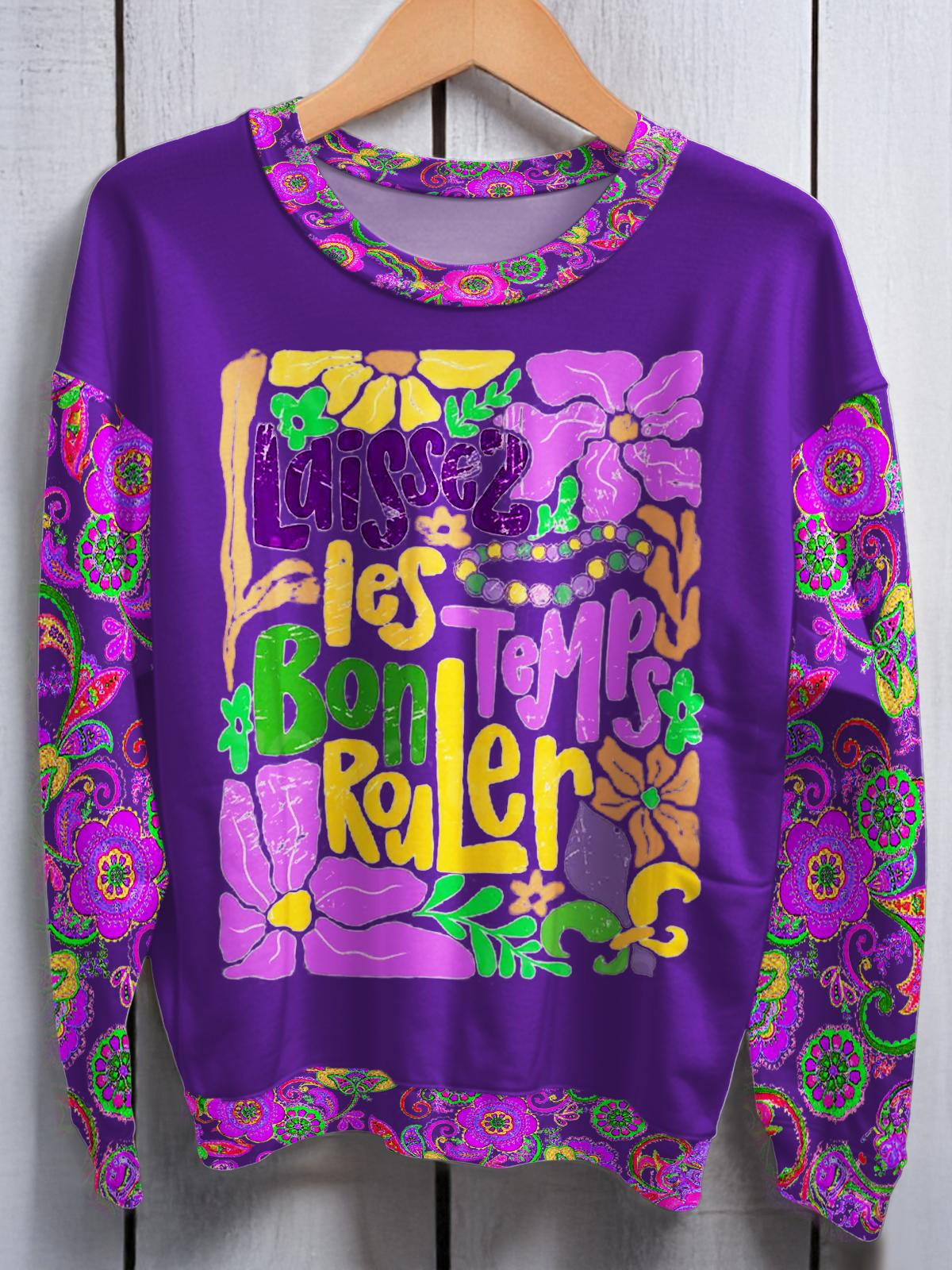 Bohemian Mardi Gras Printed Long Sleeve Casual Top