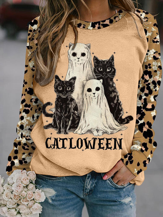 Women's Halloween Cute Cat Print Long Sleeve Top