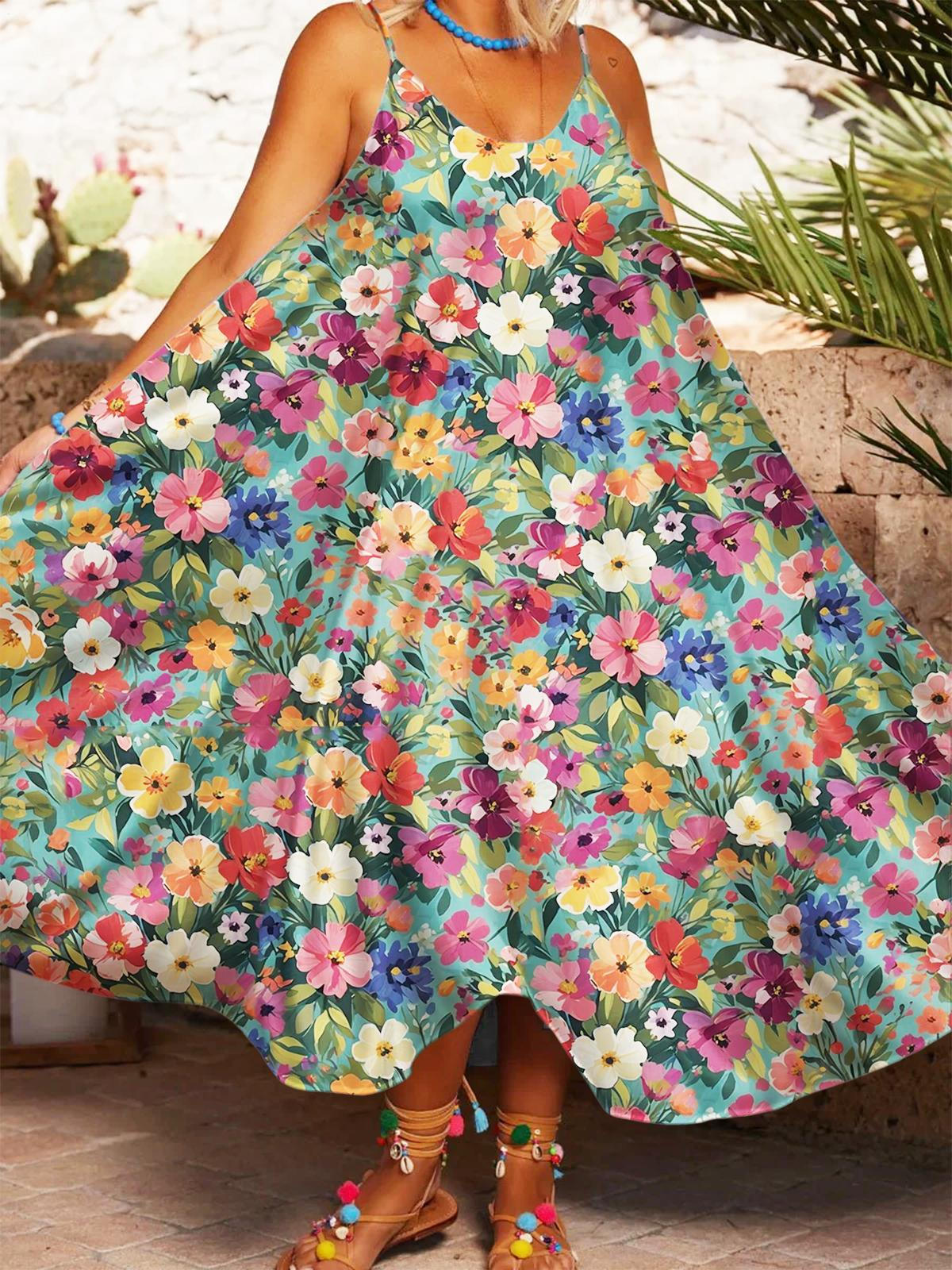 Summer Vacation Flower Print Loose Sling Dress