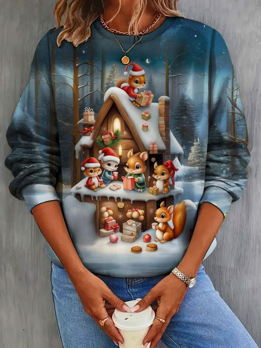 Christmas Squirrel Forest Night Sky House Print Long Sleeve Top