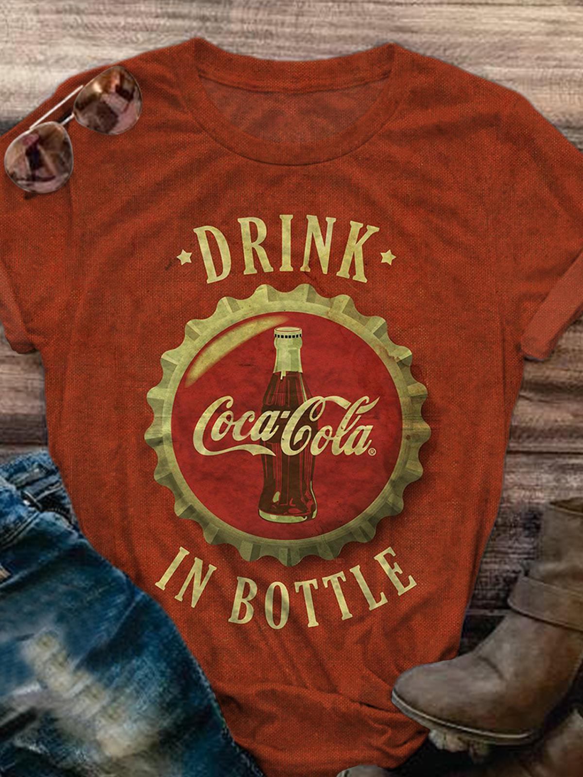 Women's Drink In Bottle Vintage Print Casual T-Shirt