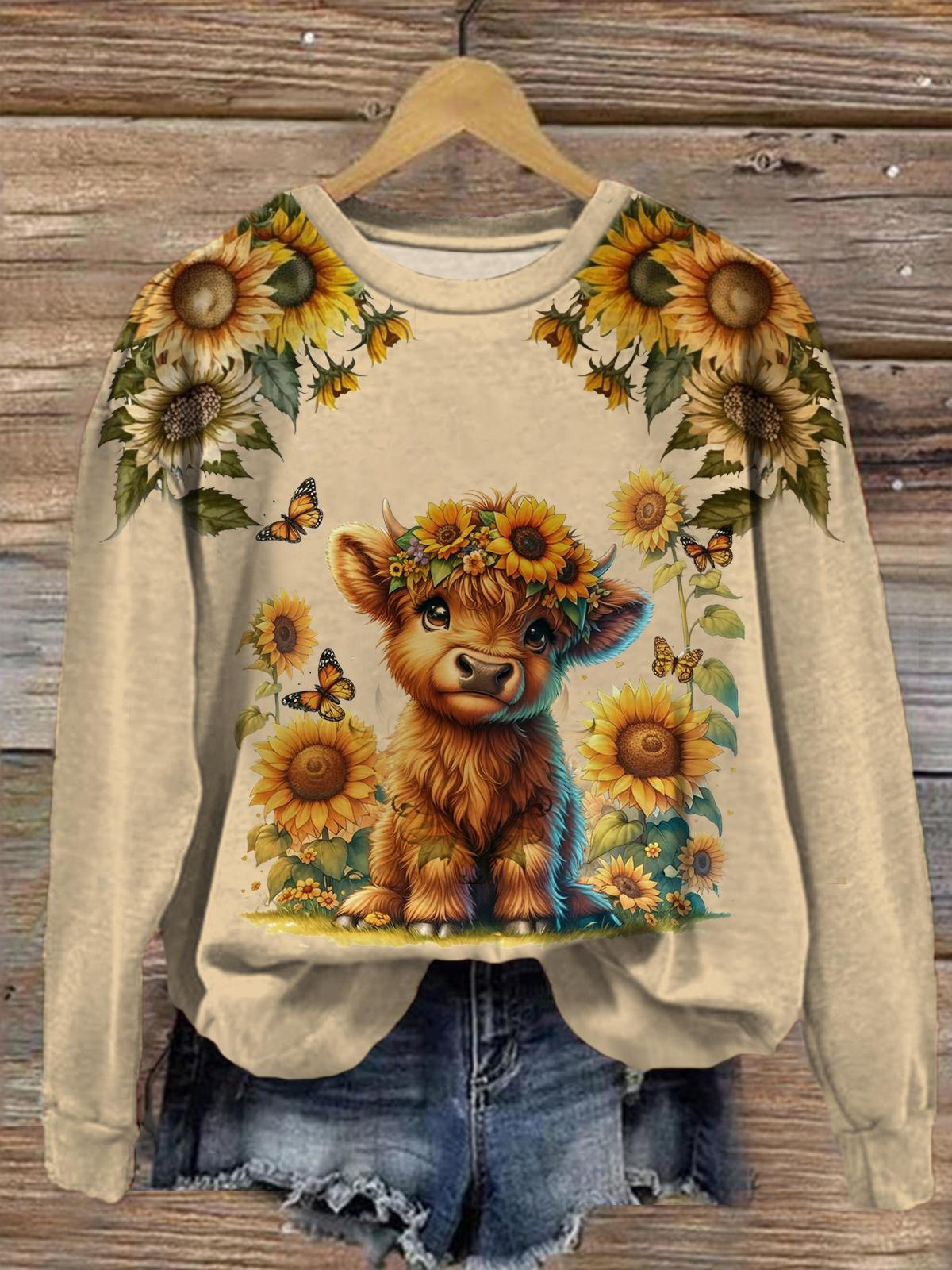 Women's Sunflower Highland Cow Long Sleeve Top