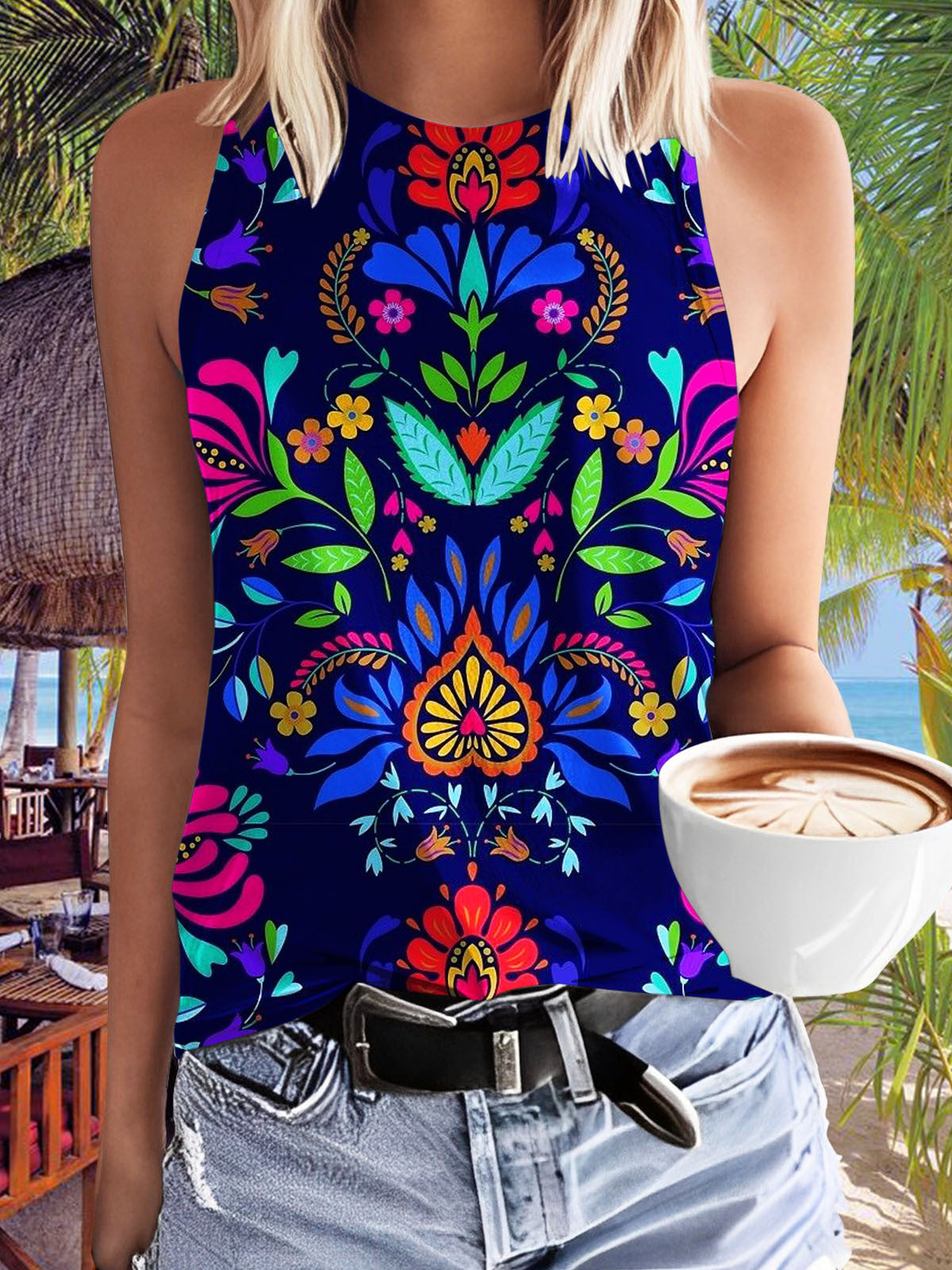 Retro Flowers Printed Sleeveless Tank Top