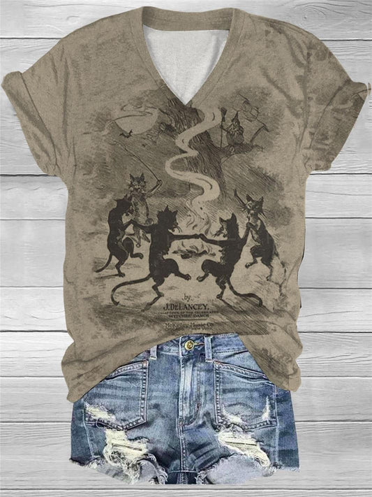The Black Cat Dance Print V-Neck T-Shirt