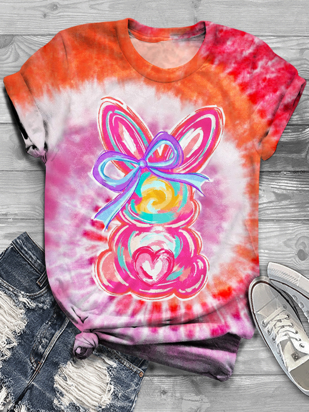 Happy Easter Day Cute Rabbit Tie Dye Festive Atmosphere Print T-shirt