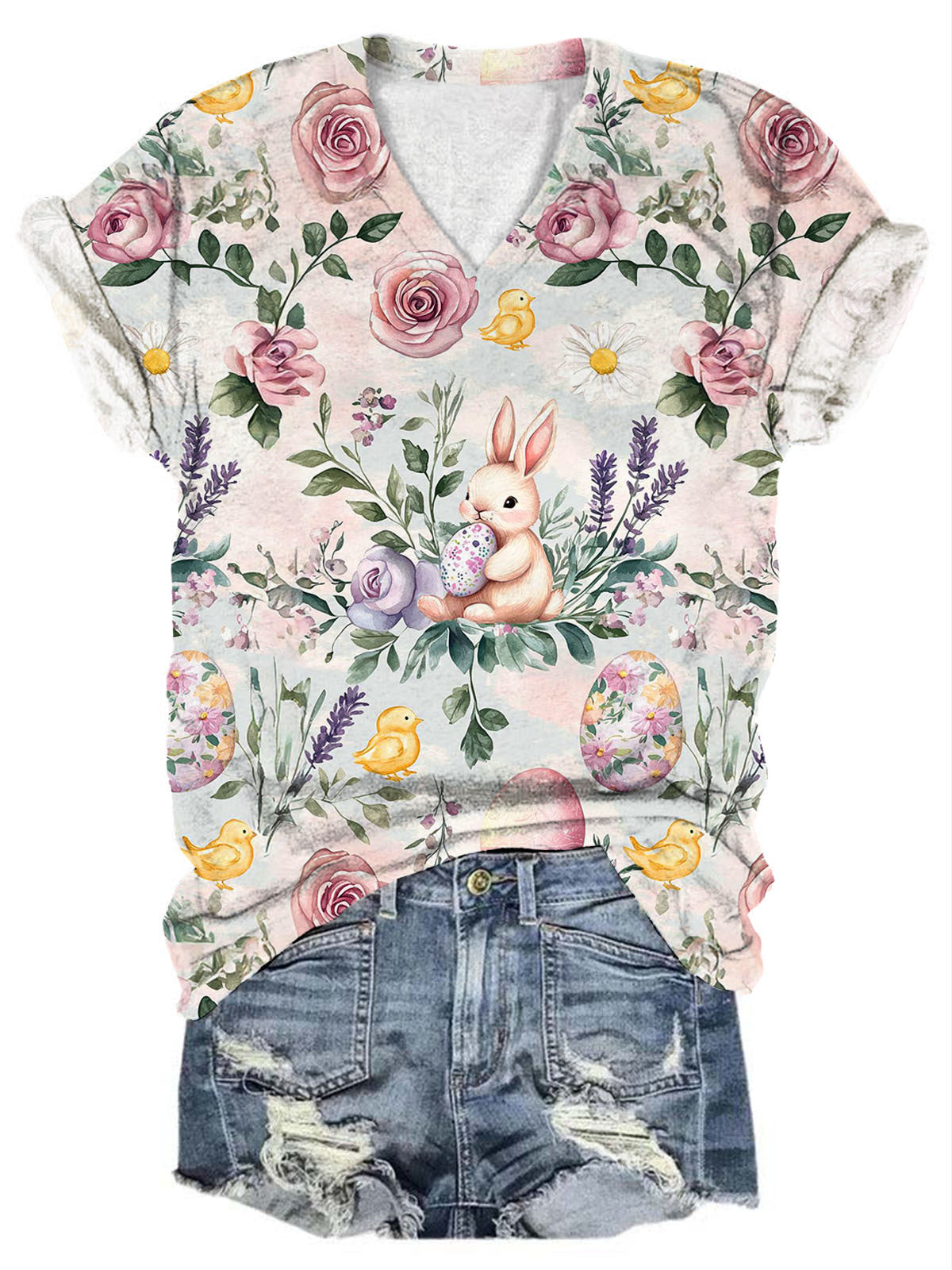 Easter Day Happy Rabbit Floral Print T-shirt