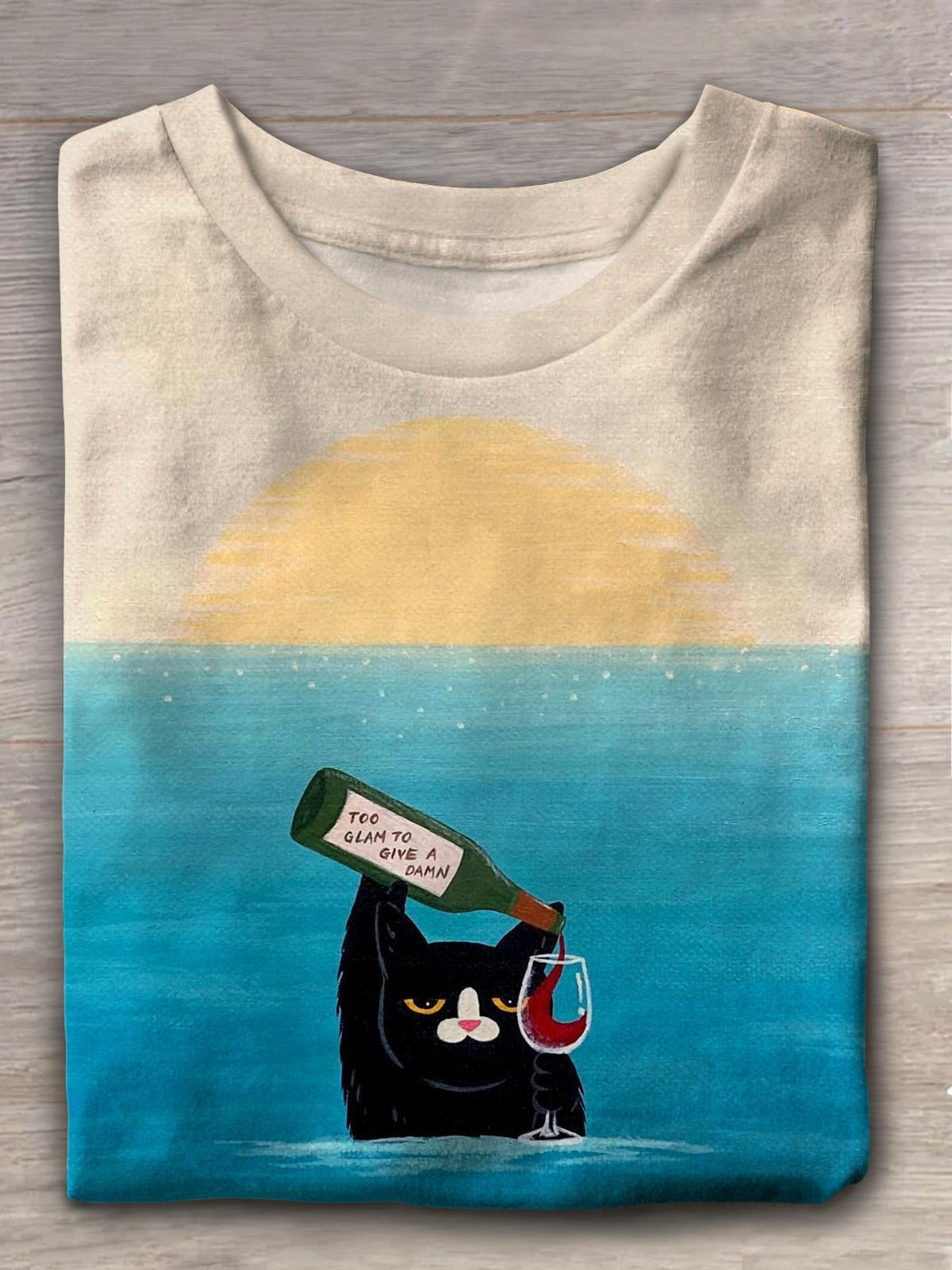 Funny Red Wine Black Cat T-shirt