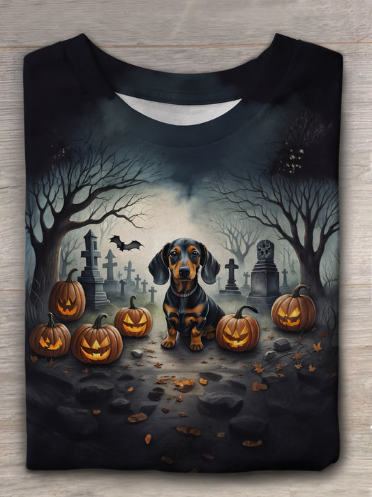 Dachshund Spooky Halloween Printed Crew Neck T-shirt