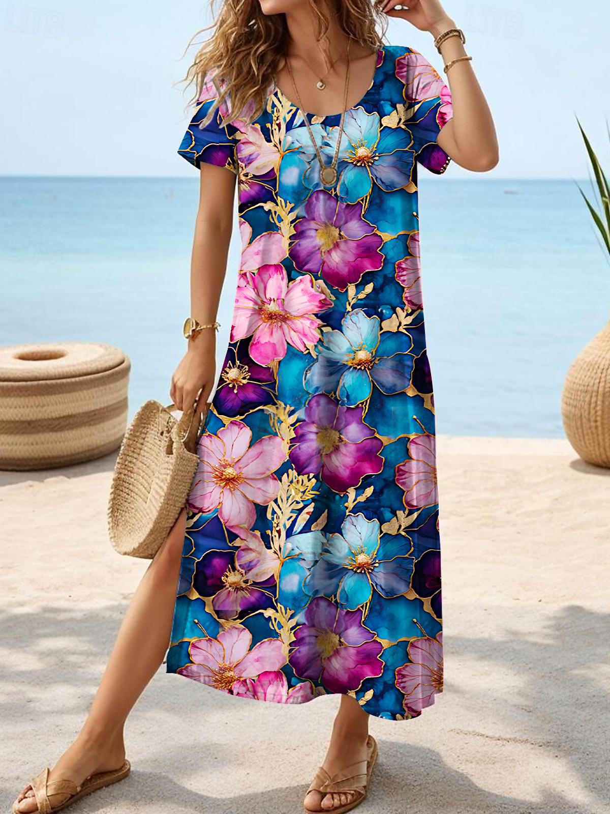 Women's Crystal Flower Print Short Sleeve Crew Neck Dress