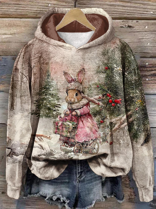 Winter Miss Bunny Forest Retro Print Long Sleeve Top