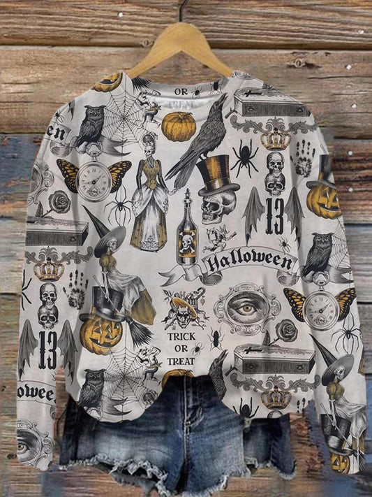 Retro Halloween Printed Long Sleeve Casual Top