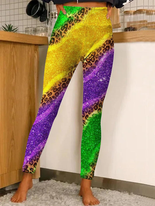 Mardi Gras Party Faux Sequin Color Stitching Print Stretch Leggings