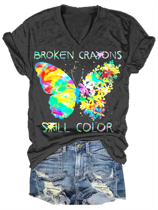 Autism Broken Crayons Still Color Butterfly V-neck T-Shirt