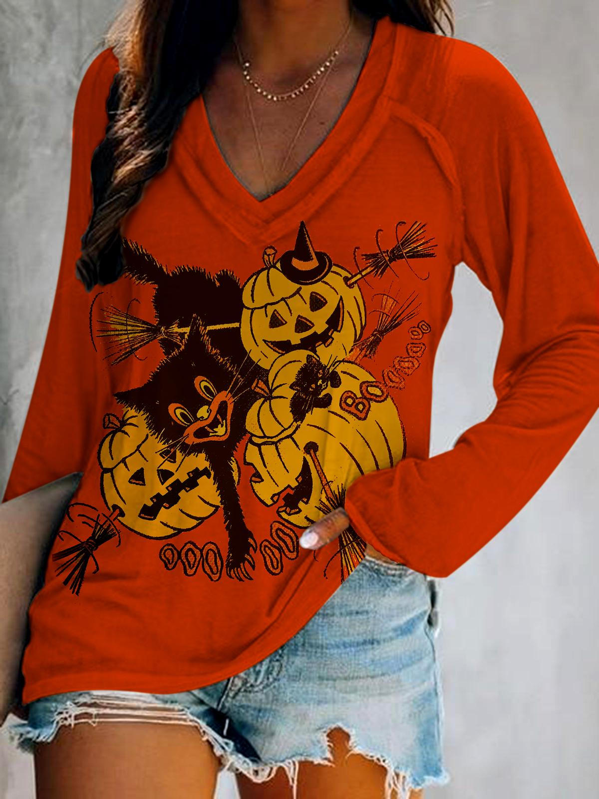 Women's Halloween Cat Pumpkin Vintage Print Long Sleeve Top