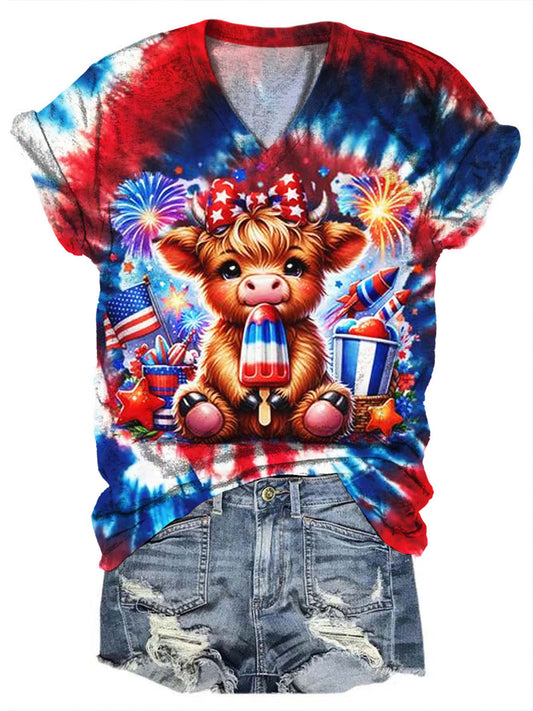 4th Of July Cute Highland Cow Print V-Neck Short Sleeve T-Shirt