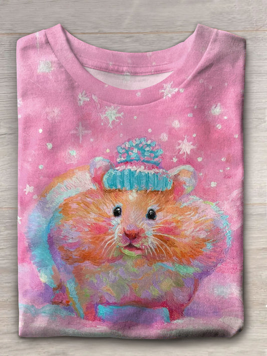 Women's Cute Fat Opossum Snow Scene Print Casual T-shirt