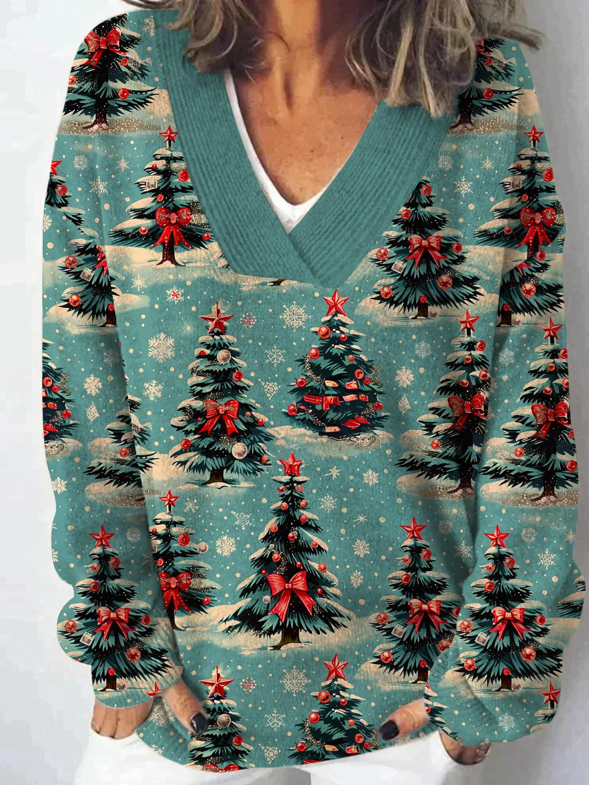 Women's Christmas Tree V-neck Casual Sweater