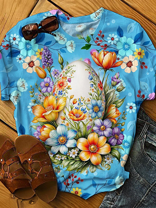 Easter Egg Floral Print Crew Neck T-shirt